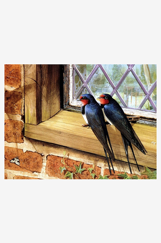 两只燕子栖息窗台-众图网