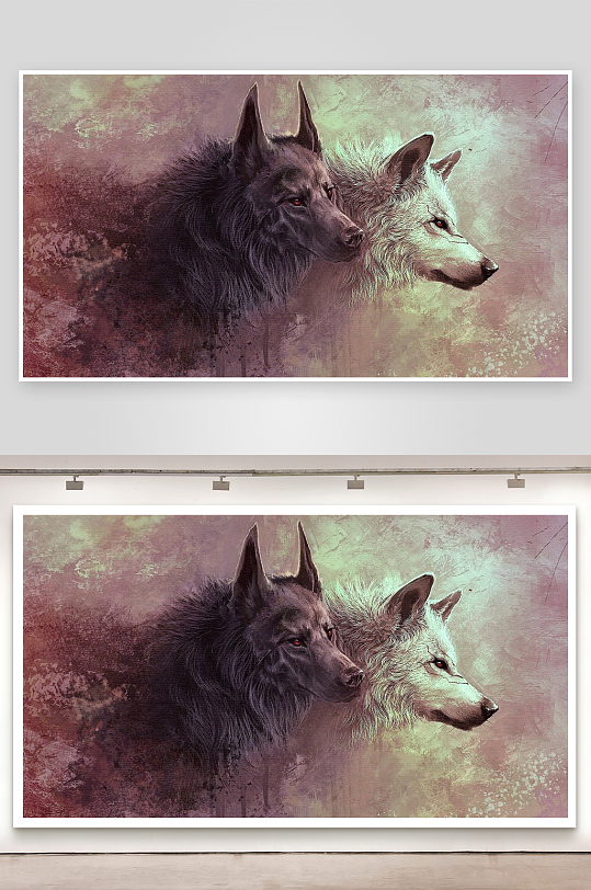 两只狼头像艺术画-众图网