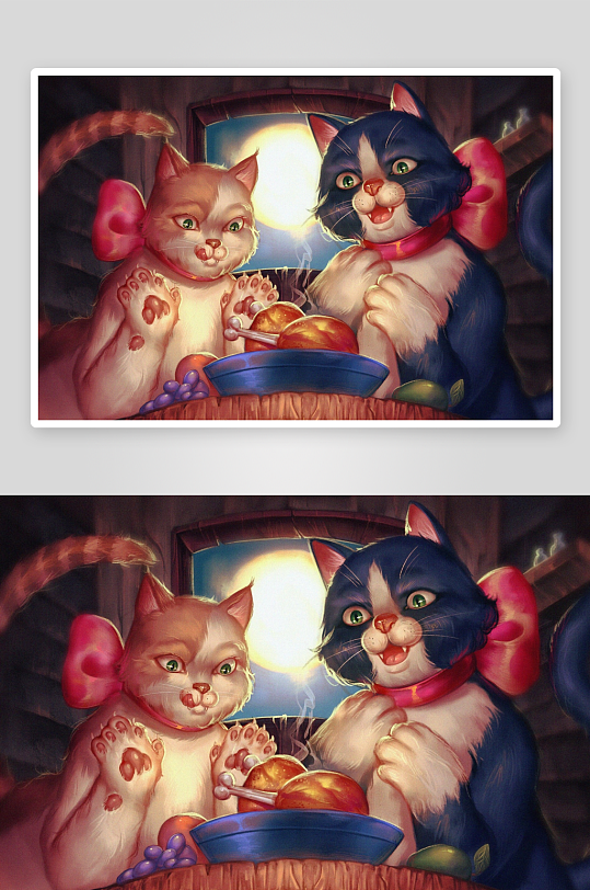 两只猫咪享用美食的温馨画面-众图网