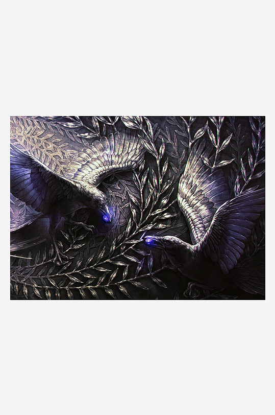 两只神秘乌鸦栖息于枝叶间-众图网