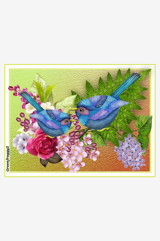 两只蓝色小鸟栖息花丛中-众图网