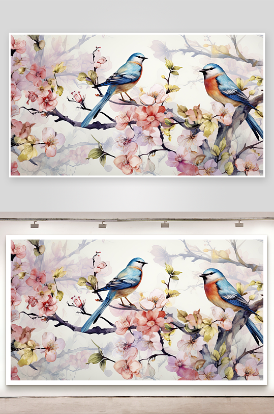 两只蓝鸟栖息花枝间-众图网