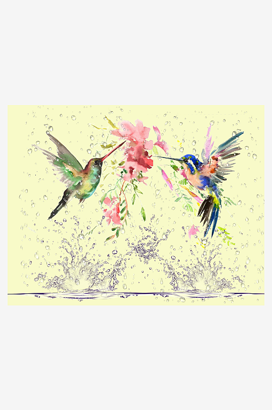 两只蜂鸟花间戏水-众图网