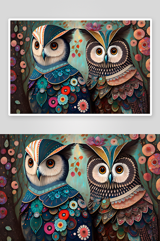 两只装饰华丽猫头鹰的艺术插画-众图网