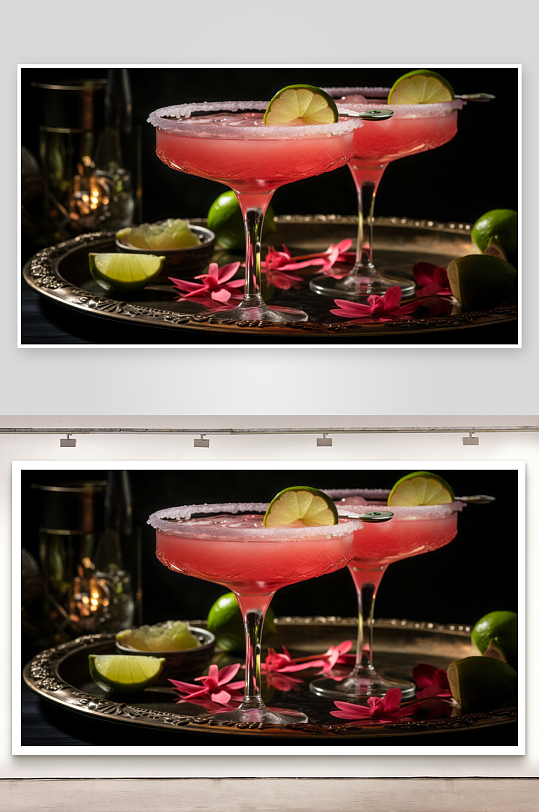 两杯粉色鸡尾酒配青柠-众图网