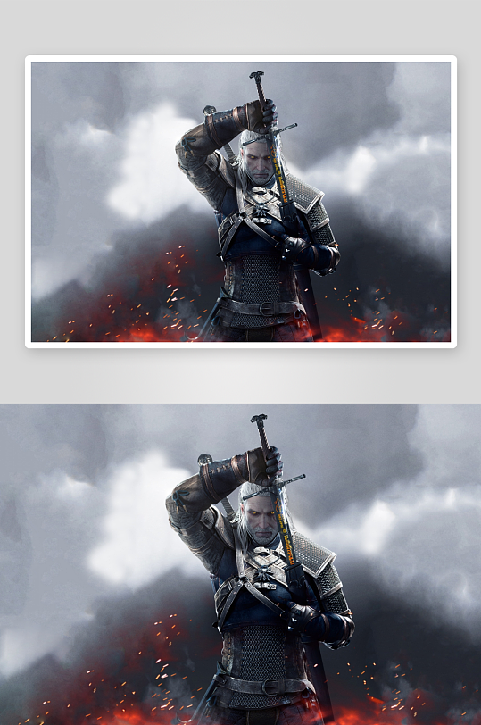 中世纪战士持剑站立于火焰与烟雾之中-众图网