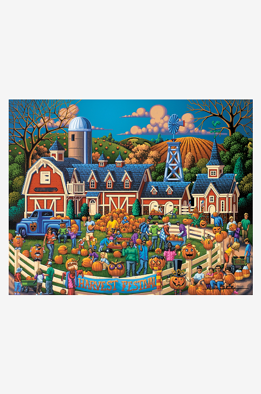 丰收节热闹场景农民与南瓜-众图网