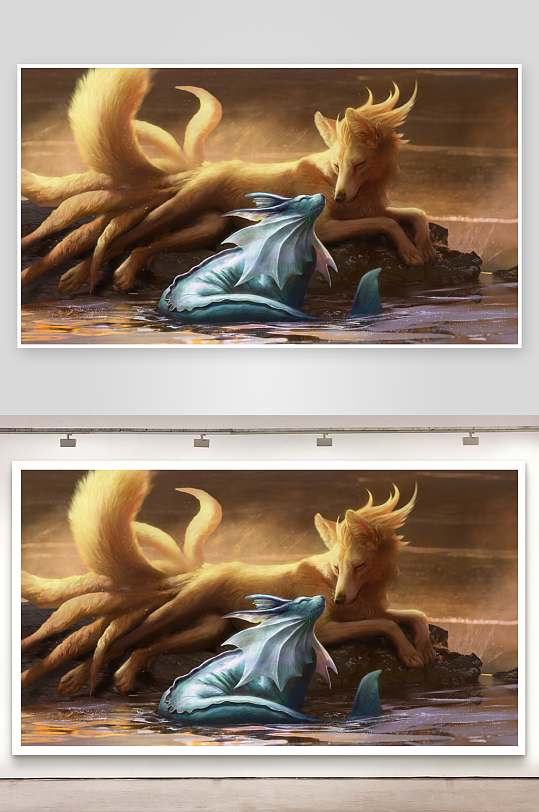 九尾狐与水族生物亲密互动-众图网