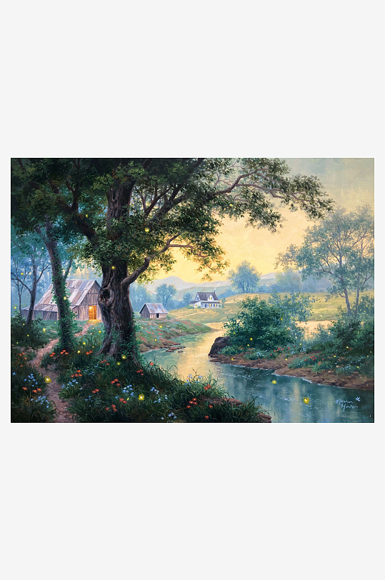 乡村夜景溪流旁萤火虫飞舞-众图网