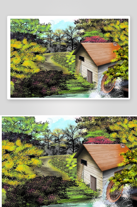 乡村水车小屋风景画-众图网
