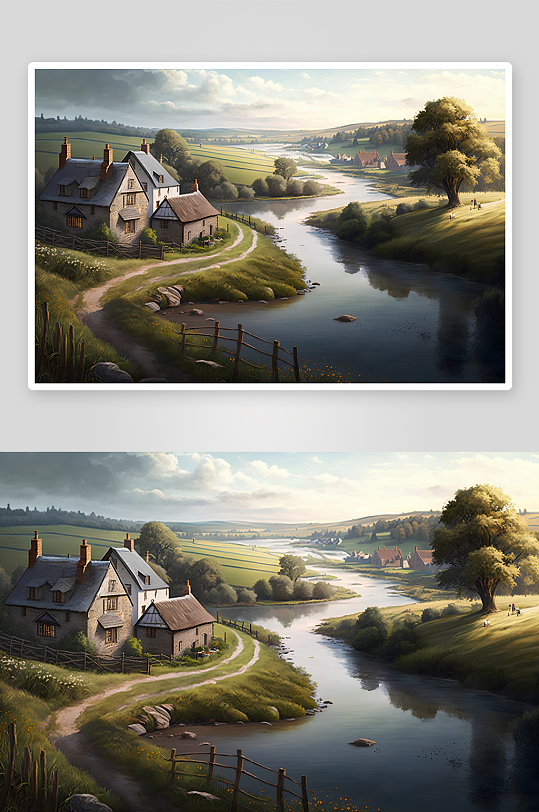 乡村河流旁的宁静田园风光-众图网