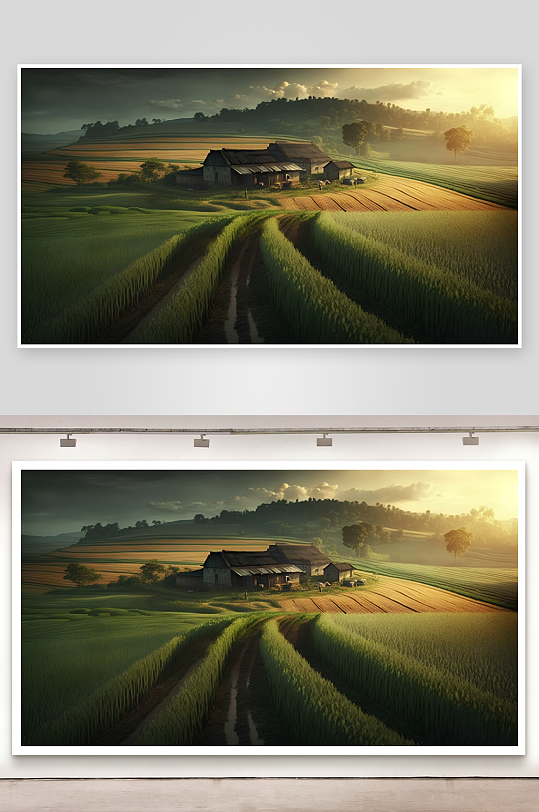 乡村田园风光夕阳下的农舍-众图网