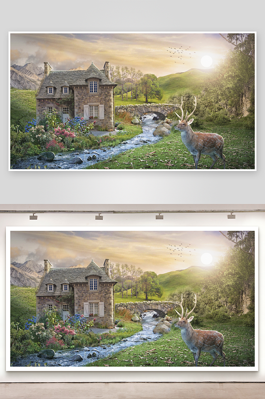 乡村石屋旁的鹿与溪流-众图网