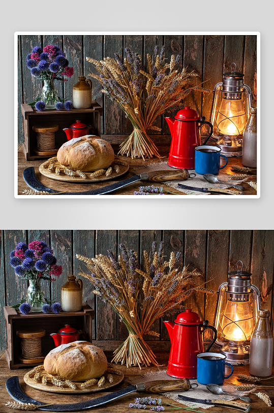 乡村风格静物摄影面包与麦穗-众图网