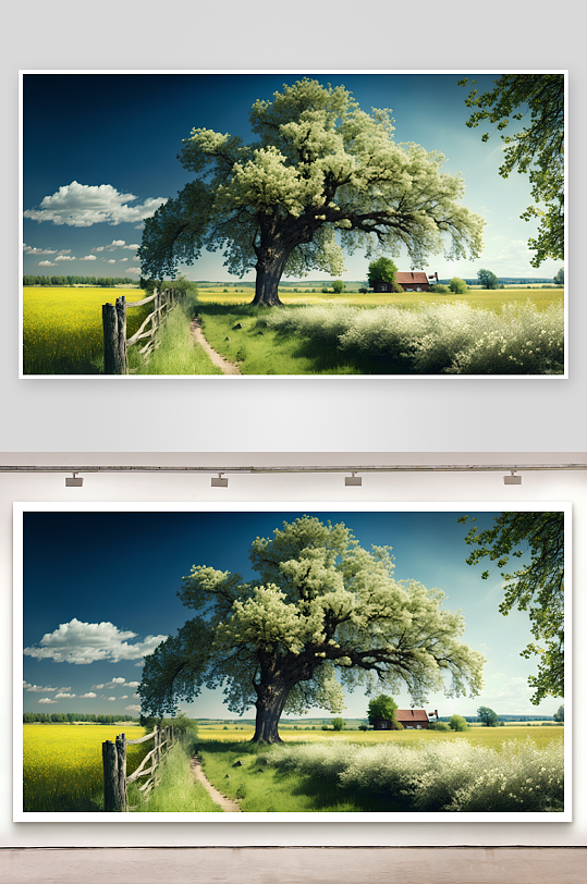 乡间大树与金黄花田-众图网