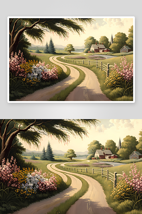 乡间小路花丛环绕田园风光-众图网