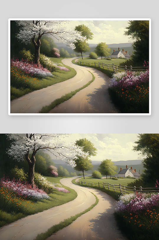 乡间小路花树环绕景色宜人-众图网