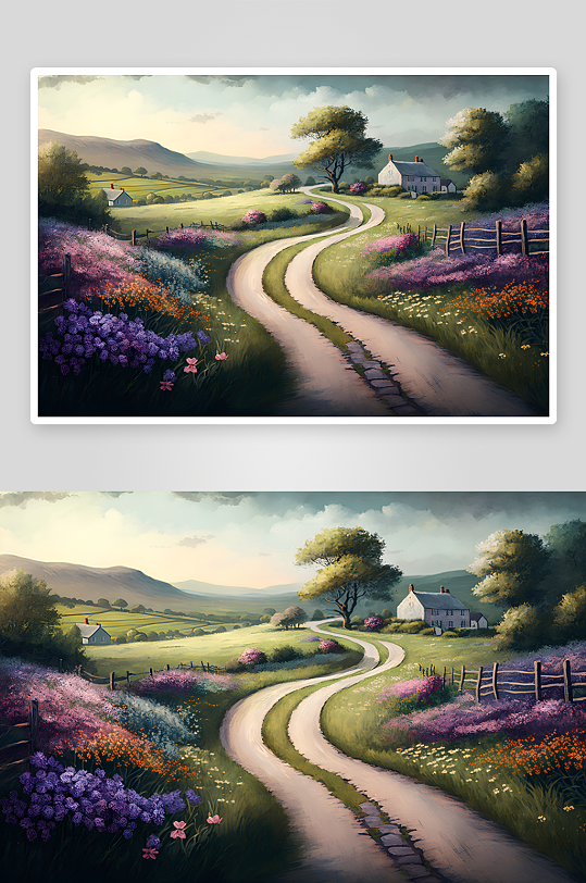 乡间小路花海环绕田园风光-众图网