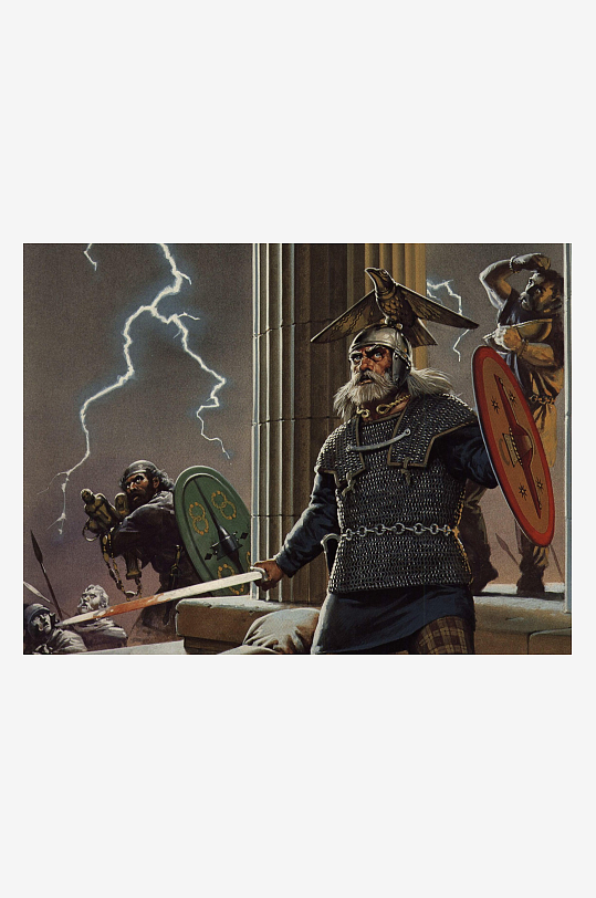 古代战士持剑对峙闪电背景-众图网