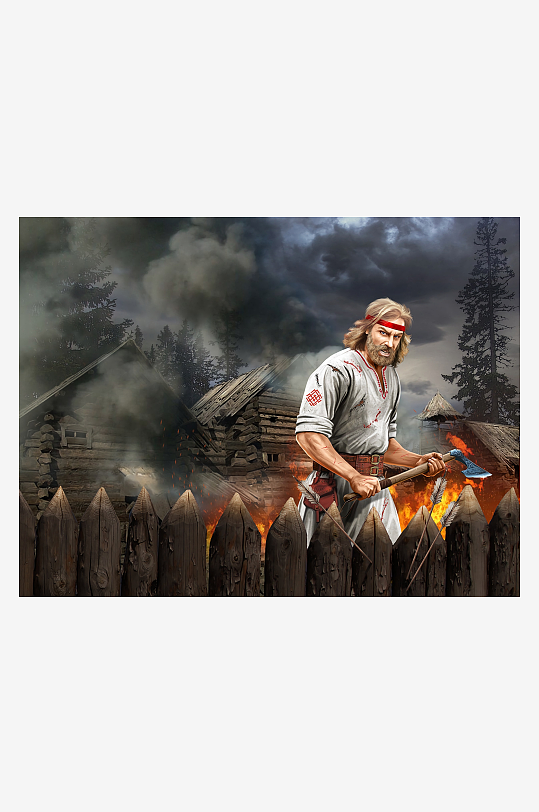 古代战士持斧守卫木栅栏-众图网