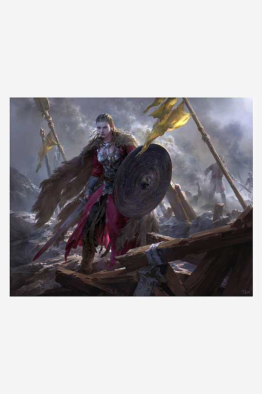 古代战士持盾执剑站立战场-众图网