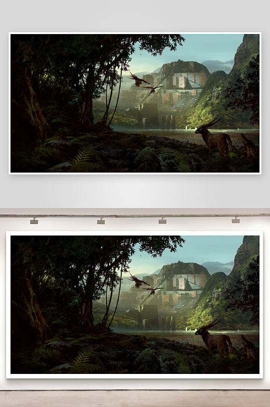 丛林古堡飞鸟羚羊景象-众图网