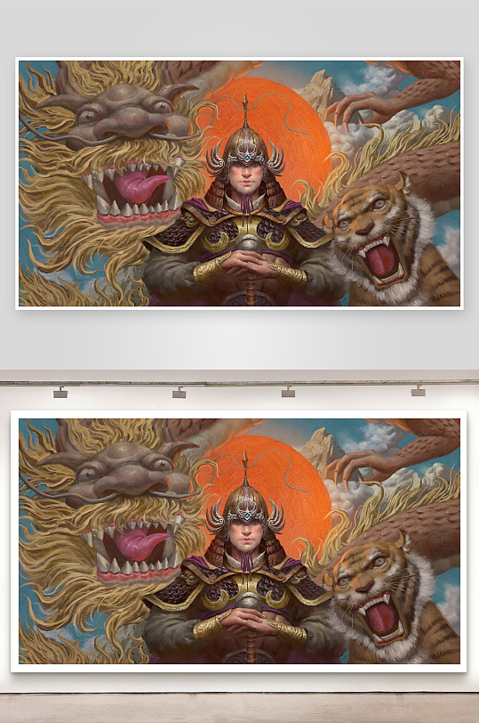 古代武士与龙虎对峙的奇幻画面-众图网