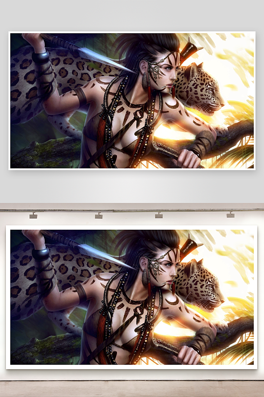 丛林女战士与豹子并肩作战-众图网