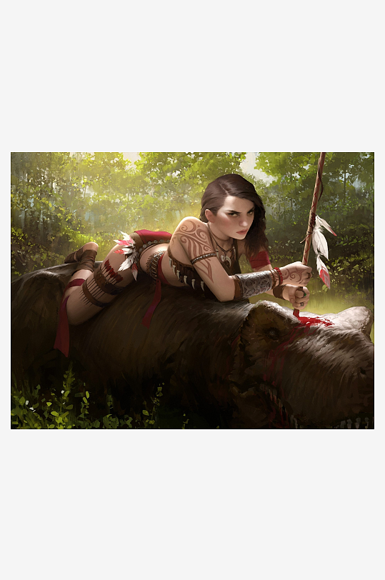 丛林女战士骑乘恐龙艺术插画-众图网