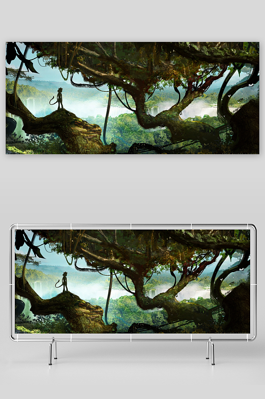 丛林巨树猴影瀑布远景-众图网