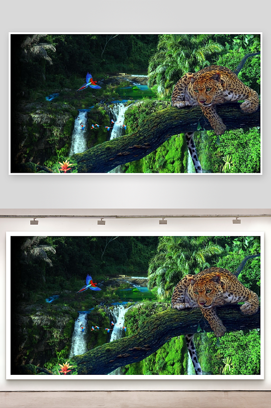 丛林瀑布旁豹子栖息画面-众图网