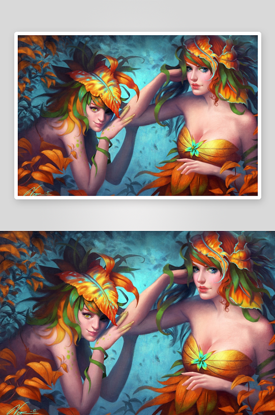 两位叶饰女子的艺术肖像-众图网