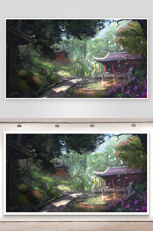 古典园林亭台花鸟景-众图网