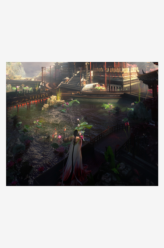 古典园林仕女赏荷图-众图网