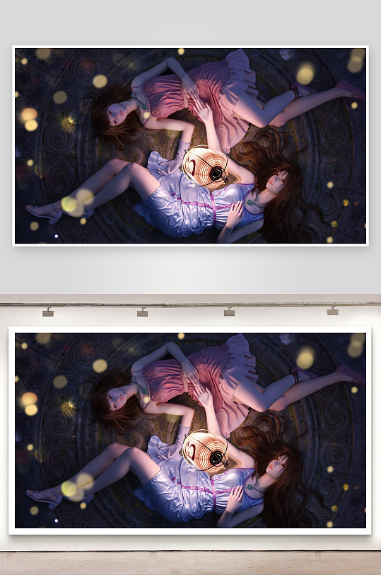 两位女子躺卧石地手持灯笼-众图网