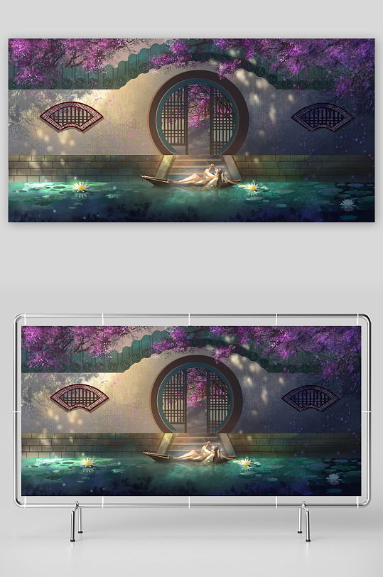 古典园林池塘赏花图-众图网