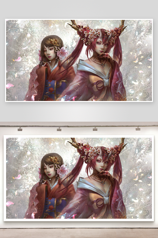 两位身着和服的女子樱花背景-众图网