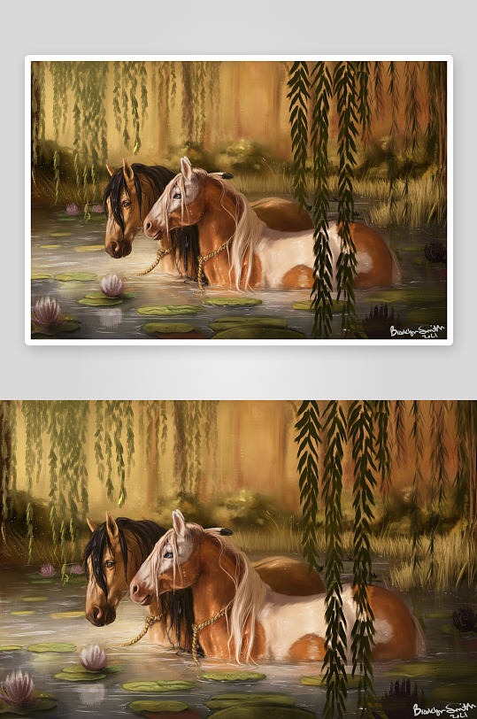 两匹马在荷塘中沐浴-众图网