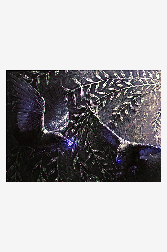 两只发光乌鸦栖息枝头-众图网