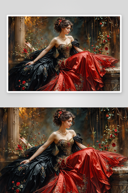 古典美人红黑礼服优雅端坐-众图网