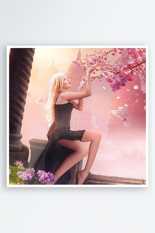 古典美人赏花图照片摄影-众图网