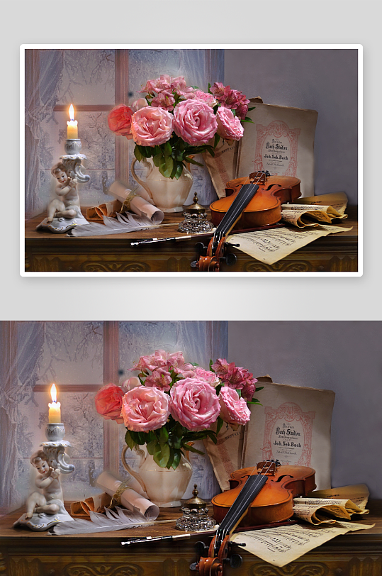 古典静物画烛光玫瑰与小提琴-众图网