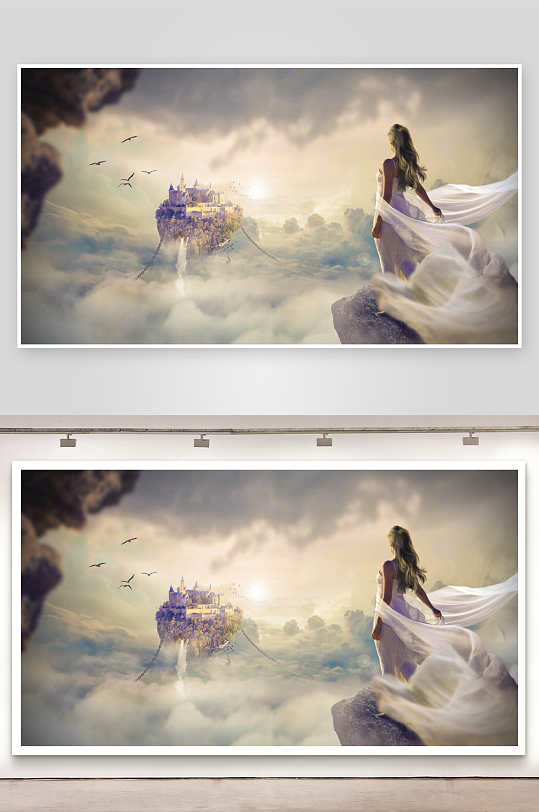 云端城堡与白衣女子梦幻景象-众图网