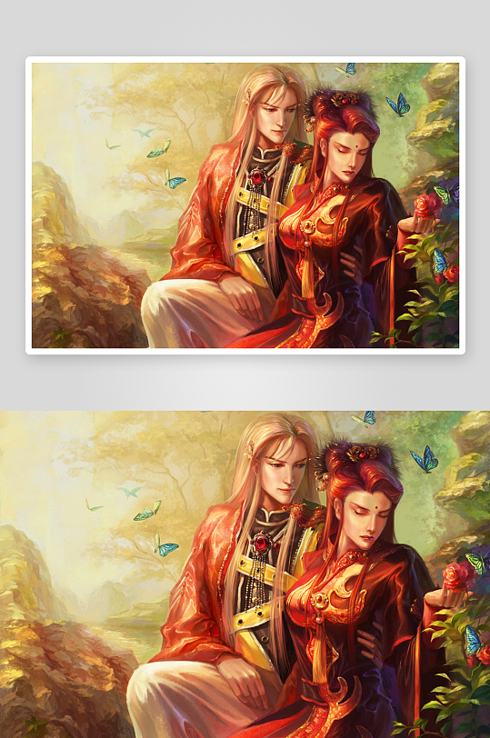 古风人物对坐花丛蝴蝶飞舞-众图网