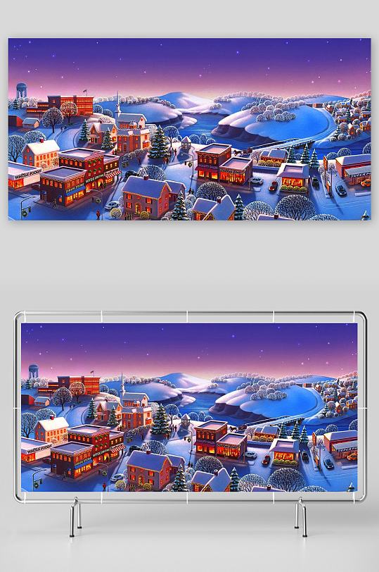 冬夜雪景小镇灯火辉煌-众图网