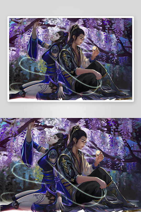 古风人物紫藤花下对坐-众图网