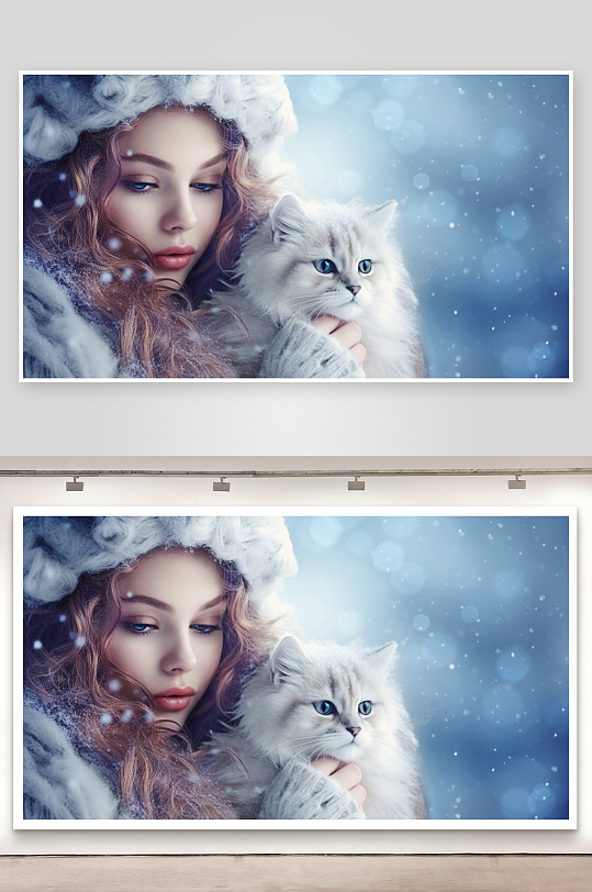 冬日雪景中女子与猫咪的温馨画面-众图网