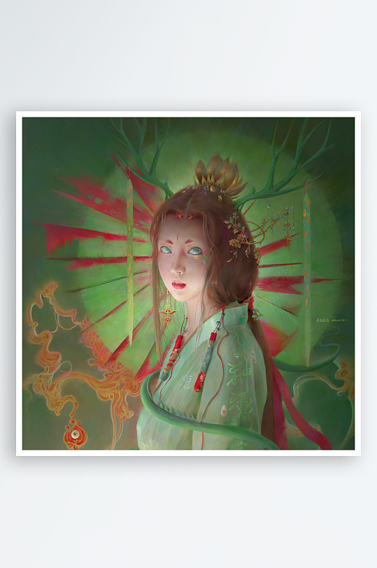 古风仕女图神秘光环环绕-众图网