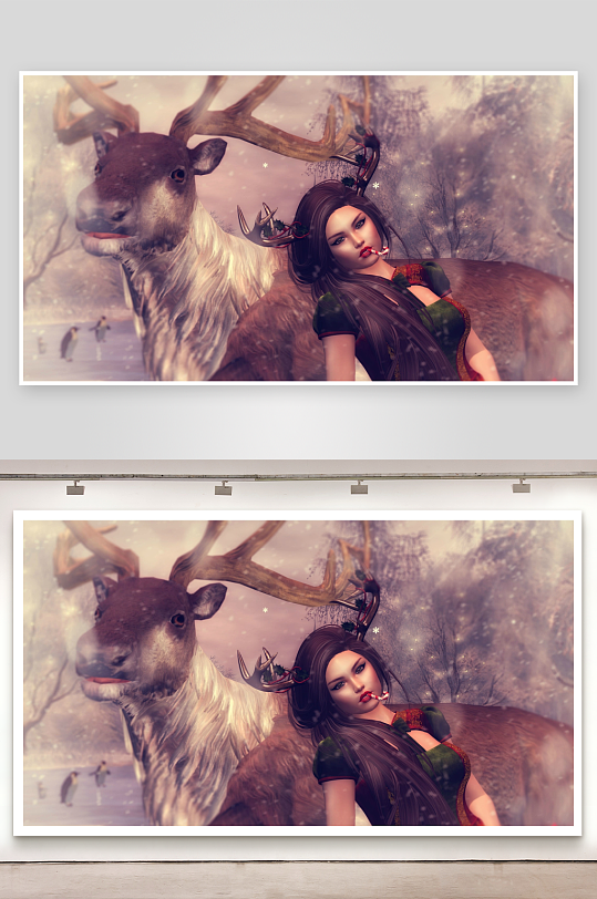 冬日雪景中女子与驯鹿相伴-众图网