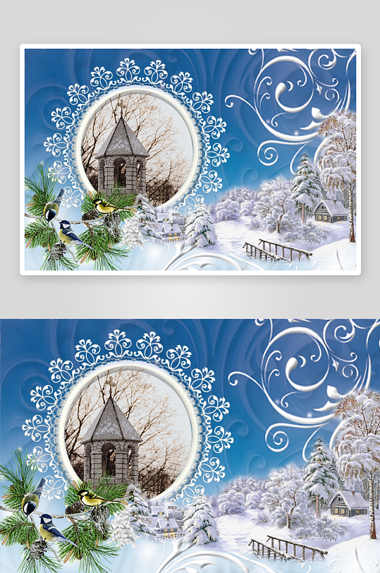 冬日雪景中的教堂与小鸟-众图网